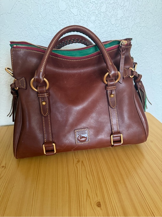 Dooney & Bourke Handbags - Dooney & Bourke Brown Leather Satchel with Green Accent